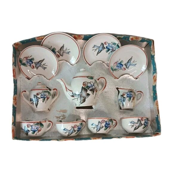 VTG Japanese Miniature Child's Tea Set Porcelain Blue Birds & Flowers 13 Pieces - Picture 1 of 16